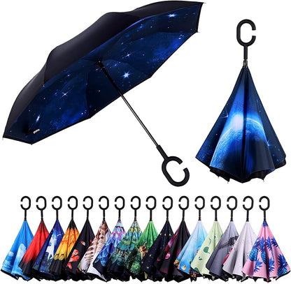 Inverted Umbrella, 49 Inch Double-Layer Vented Reverse Umbrella, Windproof Waterproof UV Protection, Lightweight C-Handle, Fiberglass Ribs, Steel Shaft, Travel/Commute/Car Use, With Sleeve