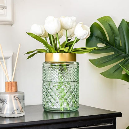 2-Pack Flower Vase Glass, 7.6 inch Green Fluted Vase with Golden Metal Top,Stylish Decorative for Tabletop Centerpiece, Kitchen,Living Room,Bedroom,Bathroom,Office
