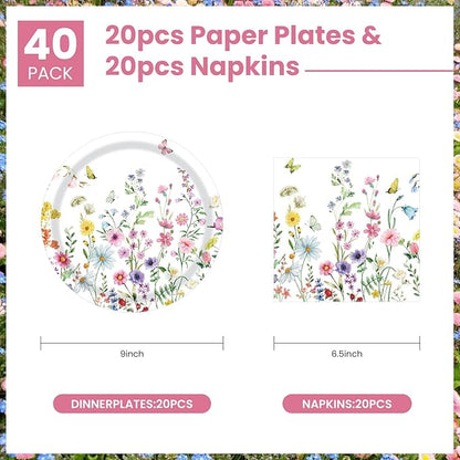 40 Pcs Wildflower Plates and Napkins Party Supplies, Floral Paper Plates Napkins Wildflower Baby Shower Decorations Tableware for Spring Summer Picnic Wedding Birthday Tea Party Serves 20
