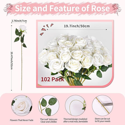 102 PCS White Roses Artificial Flowers, Fake White Roses Bouquet,White Artificial Silk Roses with Stems for Wedding Flowers Decoration, Valentines Day Mothers Day, Bridal Bouquet Roses