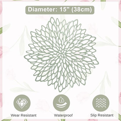 Snowkingdom Sage Green Placemats Set of 8, Round Pressed Vinyl Leaf Washable Place Mats 15 Inch Dinning Floral Table Mats for Wedding Birthday Baby Shower Easter Christmas Holiday Party Decorations