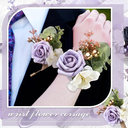 12 Pcs Wedding Wrist Corsage and Boutonniere Set Rose Wrist Corsage for Prom Boutonniere for Men Wedding Flowers Accessories Prom Suit Decorations for Wedding Ceremony (Light Purple)