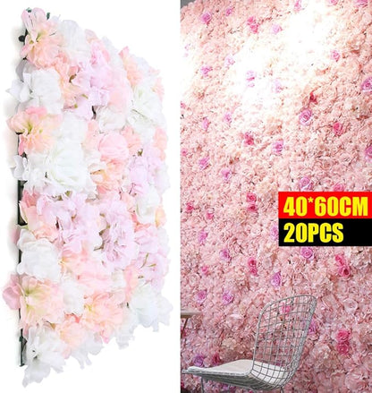 16"x 24" Artificial Flower Wall Panels,Flower Wall Mat Silk Flower Panels for Outdoor Garden Backyard Fence Fence Privacy Screen and Indoor Wall Decor(20Pcs Champagne+Light Pink+White)