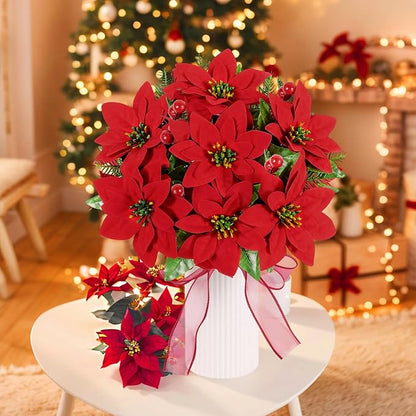Poinsettia Christmas Decorations 6 Pack 7 Heads Artificial Poinsettia Flowers Bouquet 14 Inch Velvet Poinsettia Picks With Red Berry Stems Holly Leaves for Christmas Tree Vase Porch Home Garden Decor