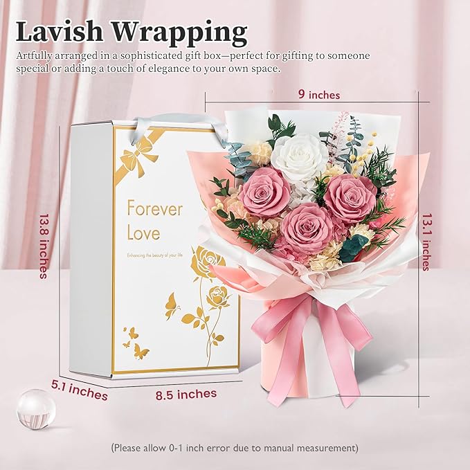 Forever Flowers Gifts for Her, Preserved Flowers Bouquet Birthday Gifts for Women, Preserved Roses for Grandma Wife Anniversary Valentine's Day Mother's Day (Dusty Pink)