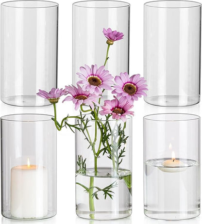 Glasseam Cylinder Vases for Centerpieces, Set of 6 Clear Glass Vases for Flowers, Modern Small Floating Candle Vase Decor, Decorative Hurricane Candle Holders for Home Wedding Table Decorations, 6in