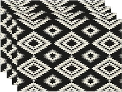 White Gray Black Placemats Set of 4 Turkish Mosaic Oriental Dining Place Mats Linen Table Mat for Farmhouse Home Kitchen Decor 12 X 18 Inch