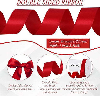 Double Faced Red Satin Ribbon 1 inch 60 Yards Red Ribbon for Crafts Gift Wrapping Hair Bows Wedding Invitation Party Decorations
