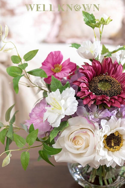 Artificial Flowers Centerpieces in Glass Vase with Fake Water, Silk White Rose Sunflowers Peony Bouquet with Vase for Birthday Party Wedding Dinning Table Office Hotel Decor (Fuchsia Mixed Plus)