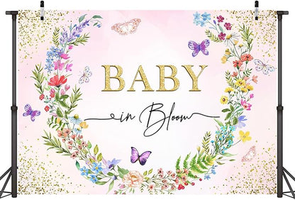 Sensfun Baby in Bloom Backdrop Banner Girls Wildflower Baby Shower Decorations,Pink Floral Butterfly Gold Glitter Photography Background for Wildflowe Baby Shower Newborn Party Photo Booth Props 8x6ft