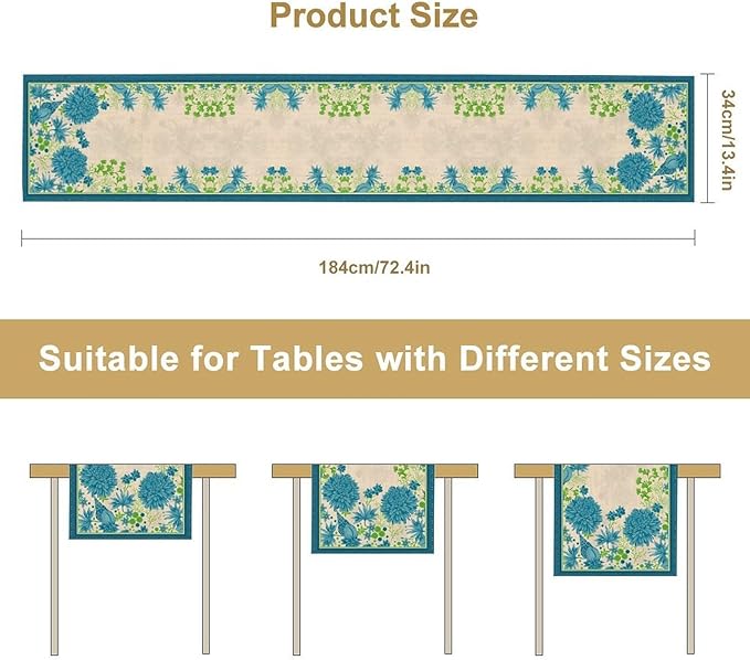 Vintage Floral Table Runner, Elegant Blue Flowers Nature Design Table Runner for Kitchen Dining Holiday Party Home Decoration, 13x36 Inch