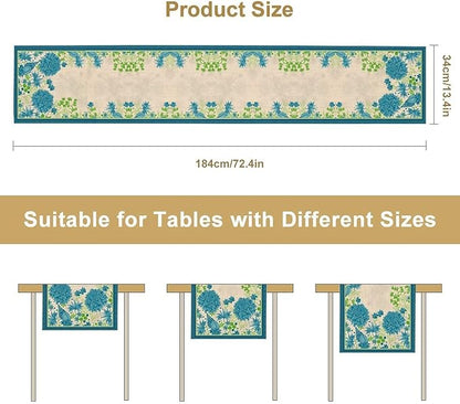 Vintage Floral Table Runner, Elegant Blue Flowers Nature Design Table Runner for Kitchen Dining Holiday Party Home Decoration, 13x70 Inch