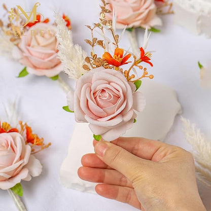 Meldel Pink Velvet Rose Boutonniere for Men,Set of 6,Groom and Best Man Boutonnieres with Artificial Flower,for Wedding Ceremony Anniversary, Formal Dinner Party, Fall Vintage Rustic Marriage Prom