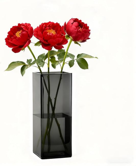 Acrylic Square Flower Vase, Non-breakable Vase, 5" x 5" x 10" Tall Grey Vases for Flower, Large Cube Floral Plant Container, Planter Terrarium for Wedding Party Event, Home Office Decor