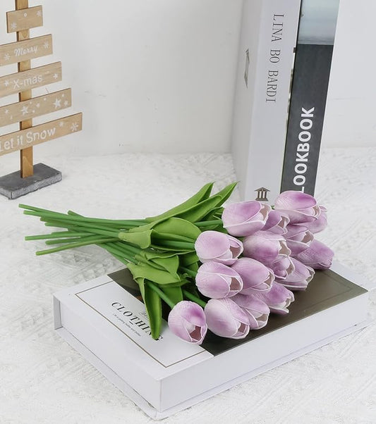 IPOPU Real Touch Purple Tulips 24PCS Artificial Flowers for Decoraion Fake Tulips Light Purple Flowers Floral Arrangements Artificial Faux Tulip Decor for Table Home Kitchen Decor (Light Purple)