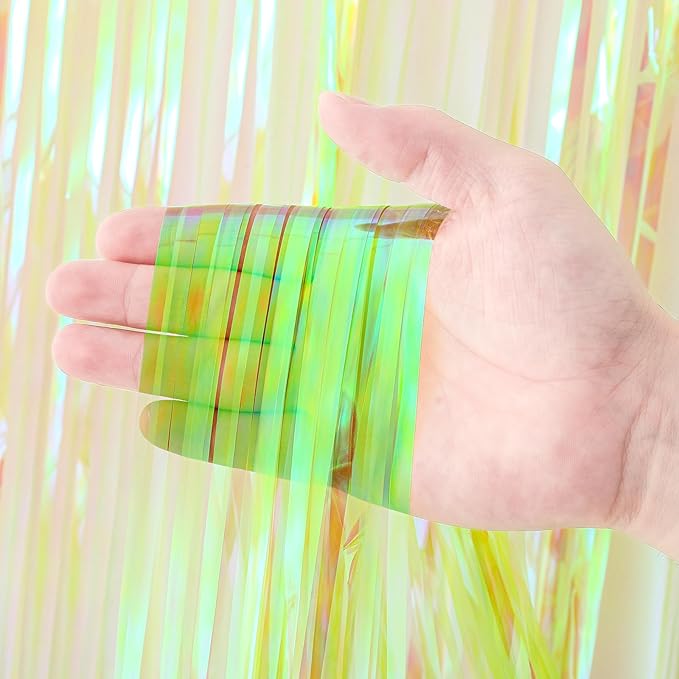 4 Pack 3.3x8.2 Feet Neon Green Foil Fringe Backdrop Curtains, Tinsel Streamers Birthday Party Decorations, Fringe Backdrop for Graduation, Baby Shower, Gender Reveal, Disco Party