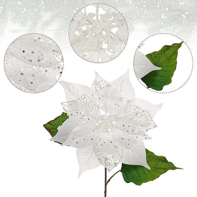10" Poinsettia Flower Artificial for Christmas Tree Decor, 3 Pcs Faux Glitter Poinsettias Stems for DIY Xmas Wreath & Garland, Christmas Ornaments for Home Party, Holiday & Wedding Decorations, White