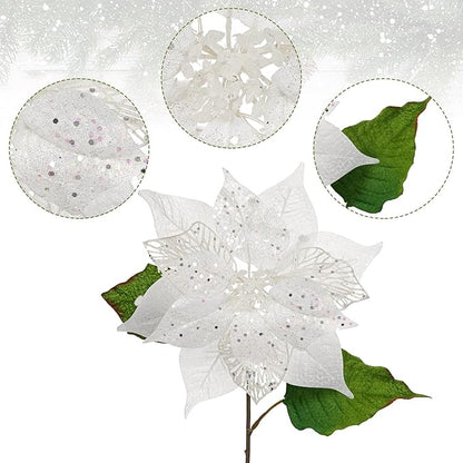 10" Poinsettia Flower Artificial for Christmas Tree Decor, 3 Pcs Faux Glitter Poinsettias Stems for DIY Xmas Wreath & Garland, Christmas Ornaments for Home Party, Holiday & Wedding Decorations, White