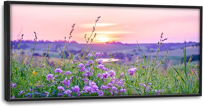 Nature Scenery Large Wall Art Sunset Framed Wall Decor for Living Room Countryside Wildflowers Pictures Oversized Canvas Print Painting Modern Extra Large Framed Artwork for Bedroom Office 60"x30"