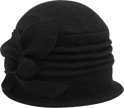 ZLYC Women Wool Cloche Bucket Hat 1920s Vintage Dress Winter Hats with Flower Accent