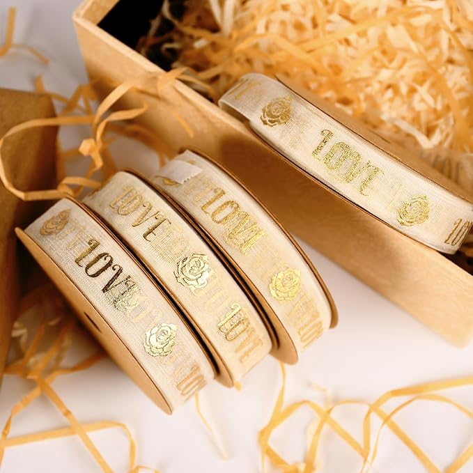 ‌SAYUAN Gold Love Ribbon 5/8 Inch x 30 Yards Organza Ribbon with Gold Love Pattern for Valentine's Day Birthday Christmas Gift Wrapping Handmade Crafts Floral Bouquet Wedding Party Decoration
