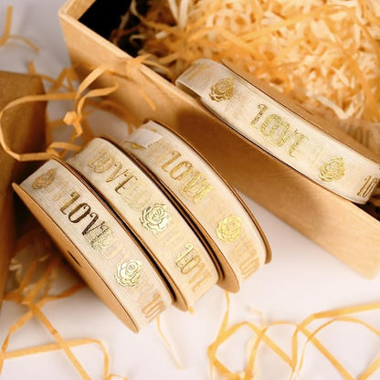 ‌SAYUAN Gold Love Ribbon 5/8 Inch x 30 Yards Organza Ribbon with Gold Love Pattern for Valentine's Day Birthday Christmas Gift Wrapping Handmade Crafts Floral Bouquet Wedding Party Decoration