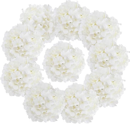Fake White Hydrangea Artificial Flowers - Faux Silk Hydrangeas Flowers Heads with Stems Real Touch for Home Wedding Party Table Decor(White,Pack of 10)