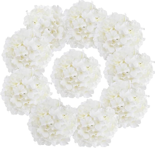 Fake White Hydrangea Artificial Flowers - Faux Silk Hydrangeas Flowers Heads with Stems Real Touch for Home Wedding Party Table Decor(White,Pack of 10)