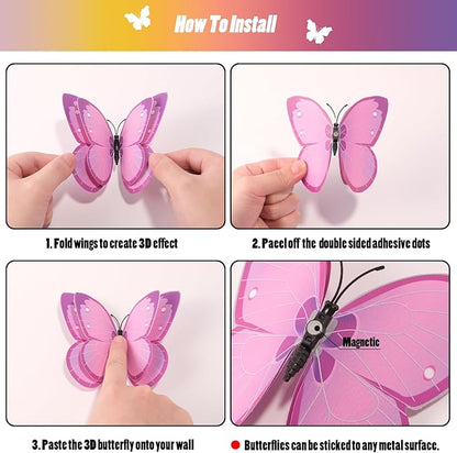 SAOROPEB 3D Butterfly Wall Decor, 48 Pcs Double Layer Butterfly Decorations for Party Decorations Locker Decor Refrigerator Decal, Reusable (Pink)