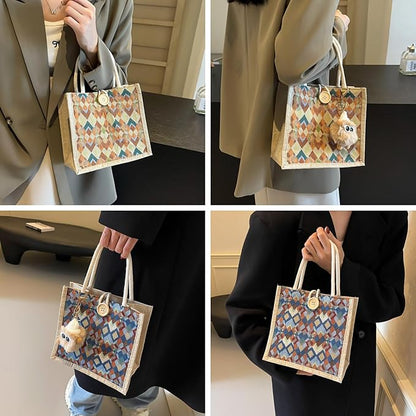 Women Tote Bag,2Pcs Jute Casual Tote's Handbag Embroidered Personalized Bento Bag,Reusable Grocery Bags Shopping Bags
