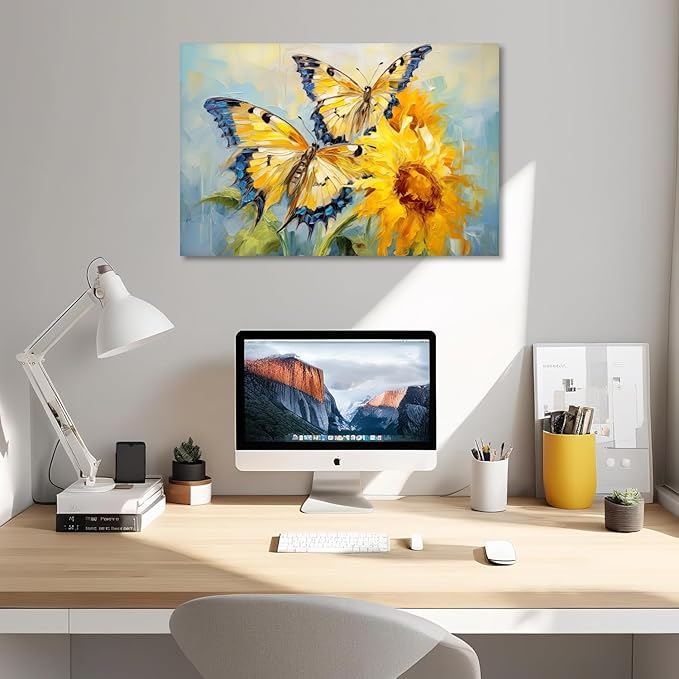 KPLUNDO Butterfly Wall Art Sunflower Picture Abstract Landscape Painting Modern Aesthetics Artwork for Living Room Office Home Wall Decor Stretched and Framed Ready to Hang(Art-5,20.00x30.00 inch)