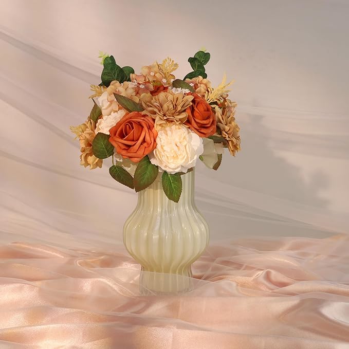 SITUMEIZI Roses Artificial Flowers Combo Orange Flowers Mix Silk Foam Flowers Peony Dahlia with Stems for DIY Bridal Wedding Bouquet Baby Shower Party Home Decor Floral Arrangements 27pcs