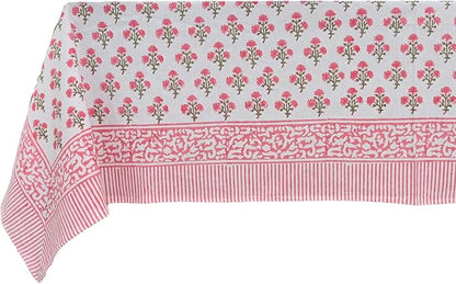 ATOSII Gulbahar White Pink 100% Cotton Spring Summer Square Tablecloth, Handblock Print Floral Table Cloth for Kitchen Dining Linen I Weddings, Outdoors, Easter 60 X 60 Inches I 4 Seater