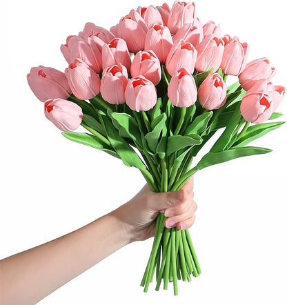 SITUMEIZI 15pcs Pink Tulips Fake Artificial Flowers Real Touch 14" Silk Flower for Home Kitchen Decor Spring Easter Wedding Bouquet Decorations Office Valentine's Day Gifts