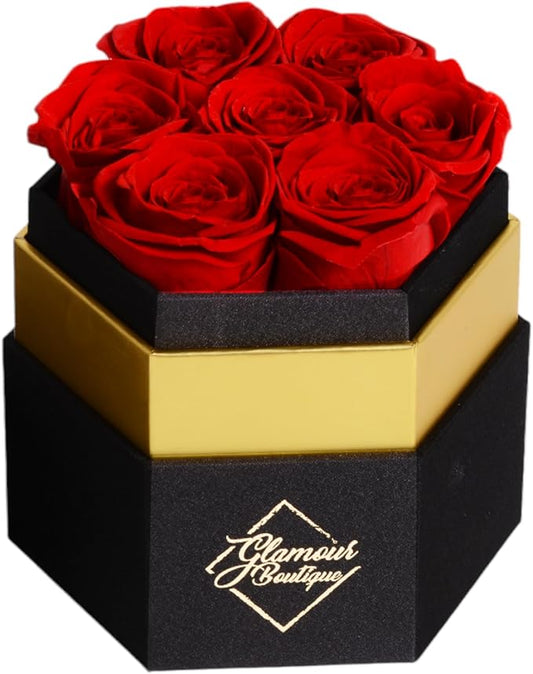 GLAMOUR BOUTIQUE Eternal Preserved Roses in a Box - Flowers Forever, Rose Forever in a Box for Wife, Birthday Gifts for Her, 7 Roses, Red