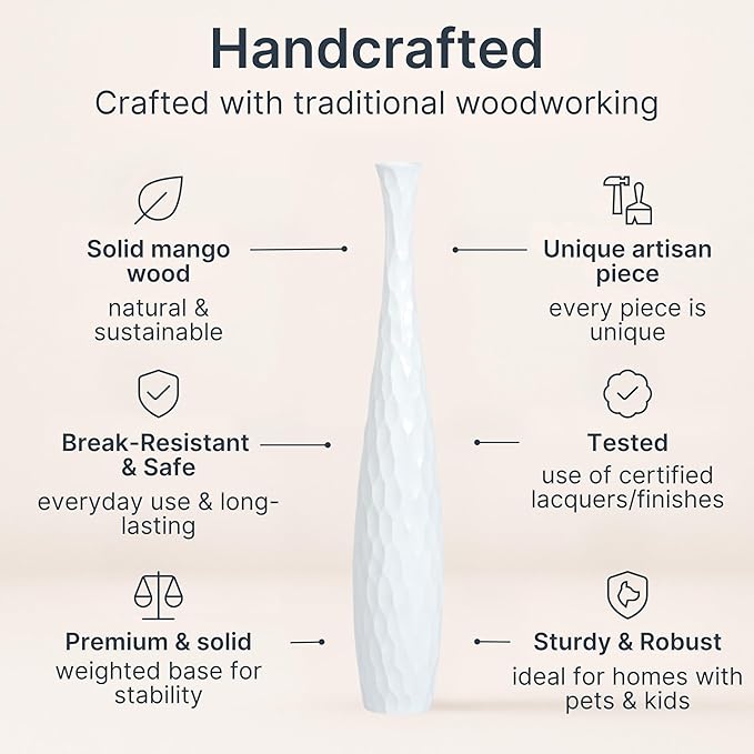 Leewadee Large White Home Decor Floor Vase - Wooden 34 inch Tall Farmhouse Decor Flower Holder for Fake Plant and Pampas Grass
