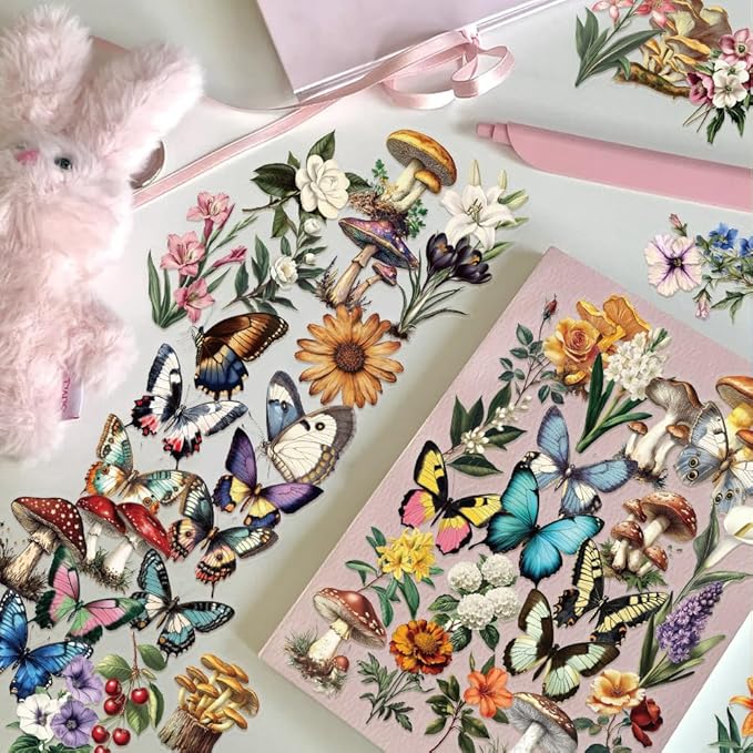 50 Pcs Colorful Butterfly Stickers, Aesthetic Retro Decals Transparent PET Waterproof Decals, Cartoon Aesthetic Stickers for Water Bottles, Laptops, Scrapbooks, Journals, Planners