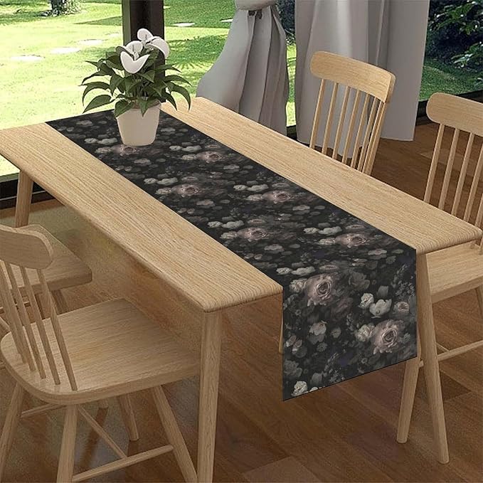 Gothic Floral Table Runner, Black Pink Rose Boho Vintage Art Print Linen Table Center Decor Family Kitchen Outdoor Farmhouse Holiday Party Table Decorations 13x36 inch