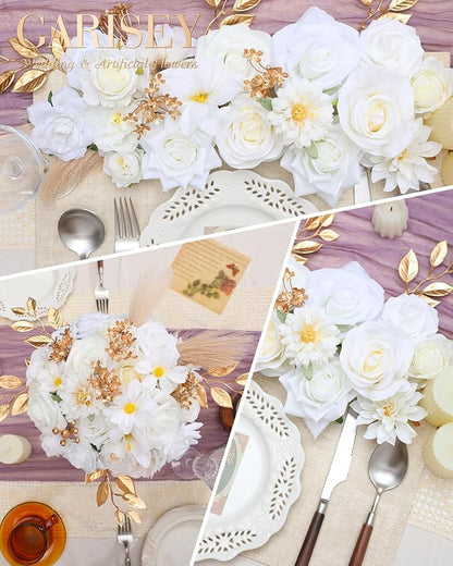 Artificial Flowers Combo, Mix Silk Flowers Roses, Peonies, Dahlias with Stems for DIY Wedding Bridal Bouquets, Baby Shower, Table Centerpieces, Home Decor, Fake Floral Arrangements-White