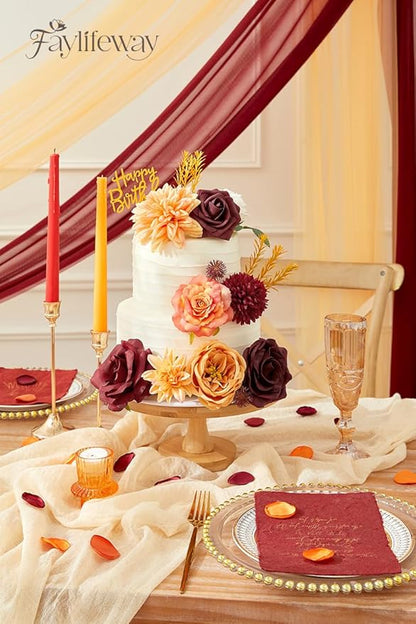 Artificial Flowers, Fall Orange and Red Silk Flowers for DIY Wedding Bridal Bouquets, Fall Fake Cake Flowers for Table Centerpieces Party Home Decorations