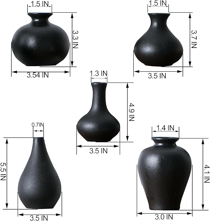 Black Bud Vase Set of 5, Ceramic Small Vases for Modern Decor, Mini Pottery Vases, Boho Decorative Vase for Living Room Fireplace, Centerpiece Table Decorations