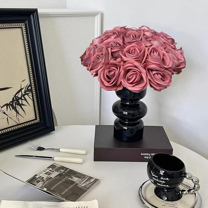 FagusHome 30 Pcs Silk Rose Artificial Flowers Roses Bulk Bouquet Fake Flowers Rose Heads with Stems for Home Wedding Decor (Dark Pink)