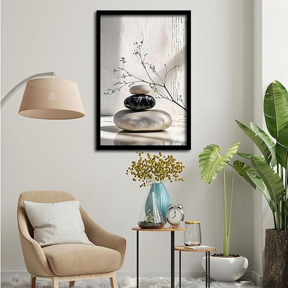 Gray and black stone pile and dried flowers poster canvas wall art in harmony Minimalist wall art for tranquil homes and mindful spaces 20x30in Metal blackFramed