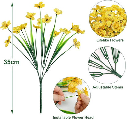 Ouddy Decor 24 Bundles Artificial Flowers for Decorations Fake Silk Plants for Outdoors UV Resistant Faux Plastic Greenery Stems for Garden Porch Window Box Home Spring Decor, Yellow