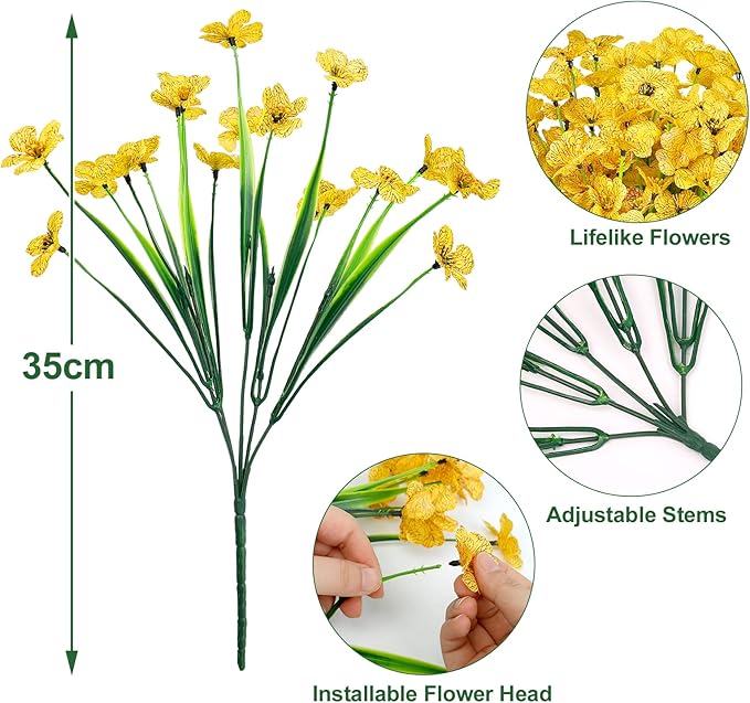 Ouddy Decor 12 Bundles Artificial Flowers for Decorations Fake Silk Plants for Outdoors UV Resistant Faux Plastic Greenery Stems for Garden Porch Window Box Home Spring Decor, Yellow