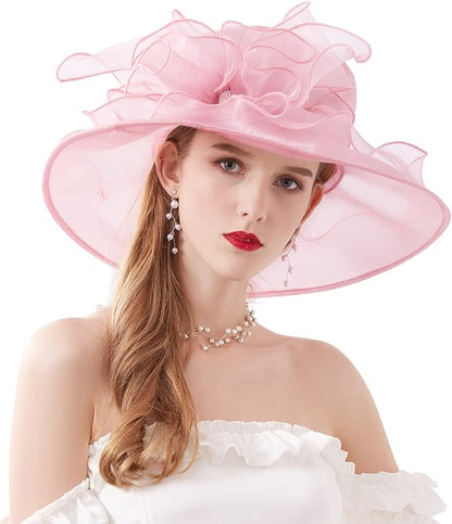 Organza Derby Hats for Women Wide Brim Fascinator Hat Rose Flower Wedding Tea Party Hat
