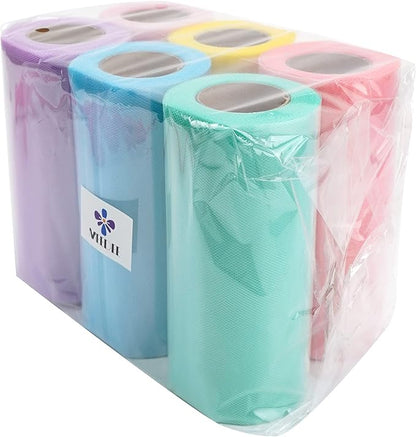 MEEDEE Pastel Tulle Ribbon 6 Rolls Tulle Fabric Spool Ribbon, 6 inch by 25 Yards/Spool, Perfect for Tutus DIY Wedding Table Skirt Rainbow Party Decorations Gift Wrapping