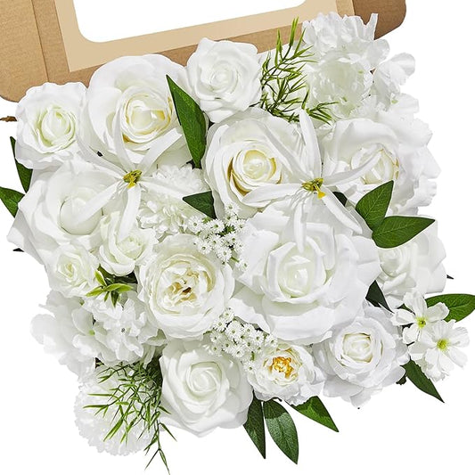 Serwalin White Flowers Artificial, Fake Roses Flowers for Wedding Cake Decoration, Silk Flowers for Wedding Bouquets Baby Shower Centerpieces Floral Arrangements Party Decor