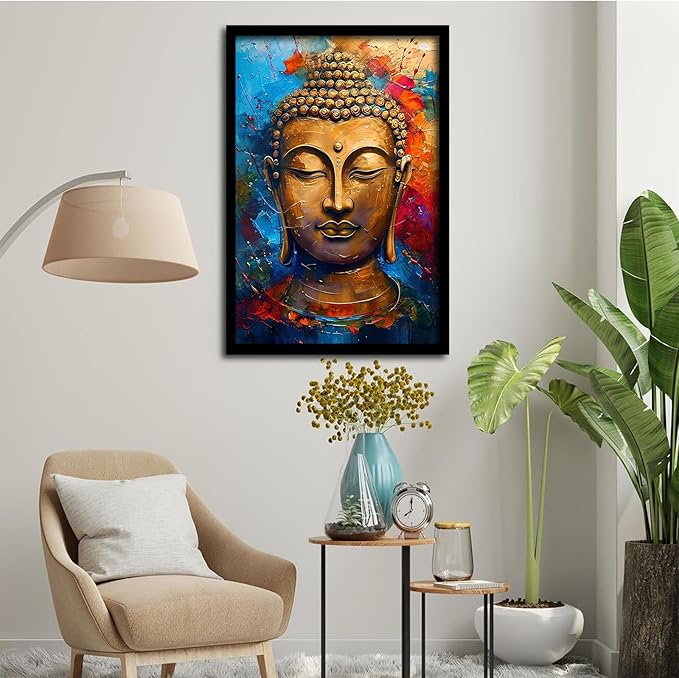 Golden Serenity Buddha Vintage Painting Wall Art Spirituality and Modern Art Wall Decor Adds Brilliance to Vibrant Home Decor 12x18in Metal blackFramed