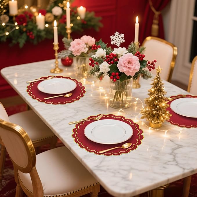 Set of 6 Christmas Round Placemats, 15 Inch Red Gold Christmas Cotton Linen Placemats with Scalloped Embroidery Edge Double Layered Washable Wrinkle Free Cloth Table Mats for Xmas Table Decor